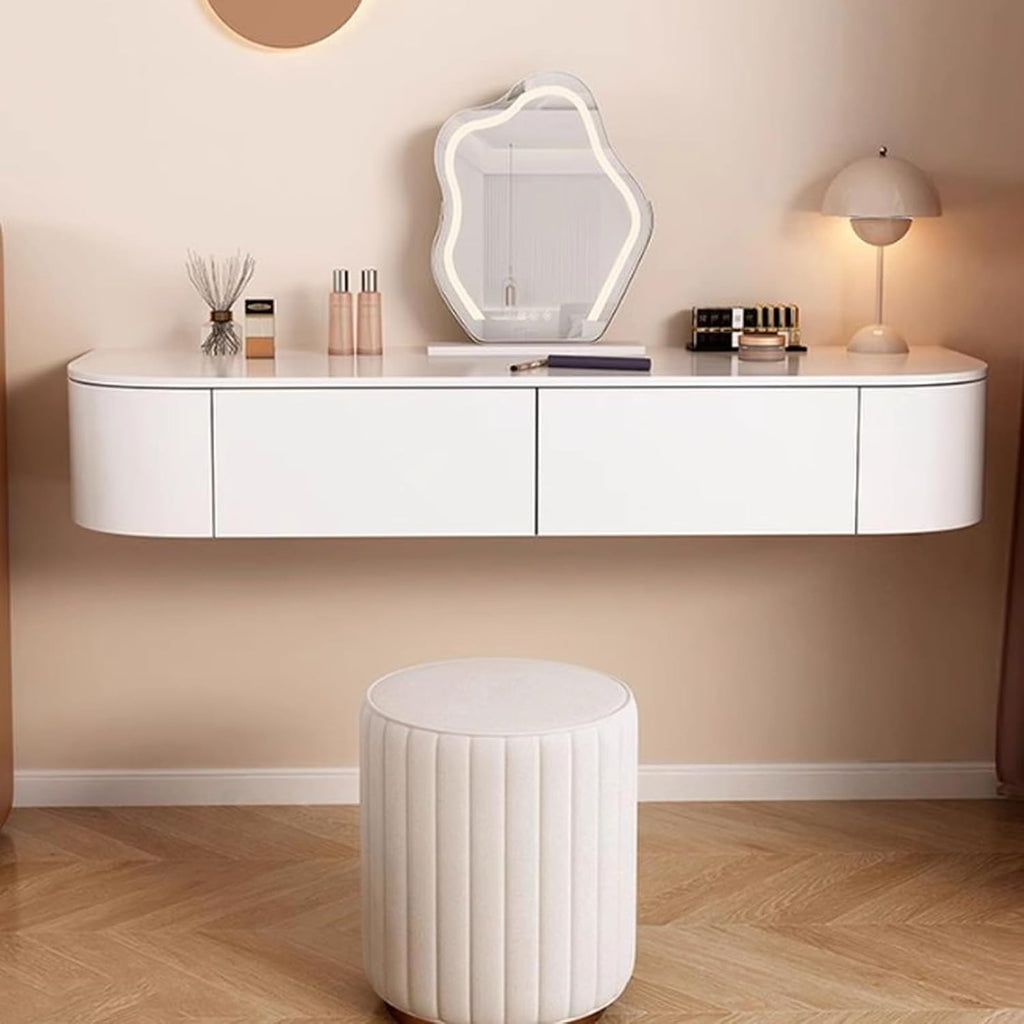 Floating Makeup Vanity for Wall, White Corner Floating Desk Dresser, Wall Mounted Floating Dressing Table with Storage, Small Wood Vanity Desk with Mirror and Lights, Bedside Vanity with Shelf Bedroom
