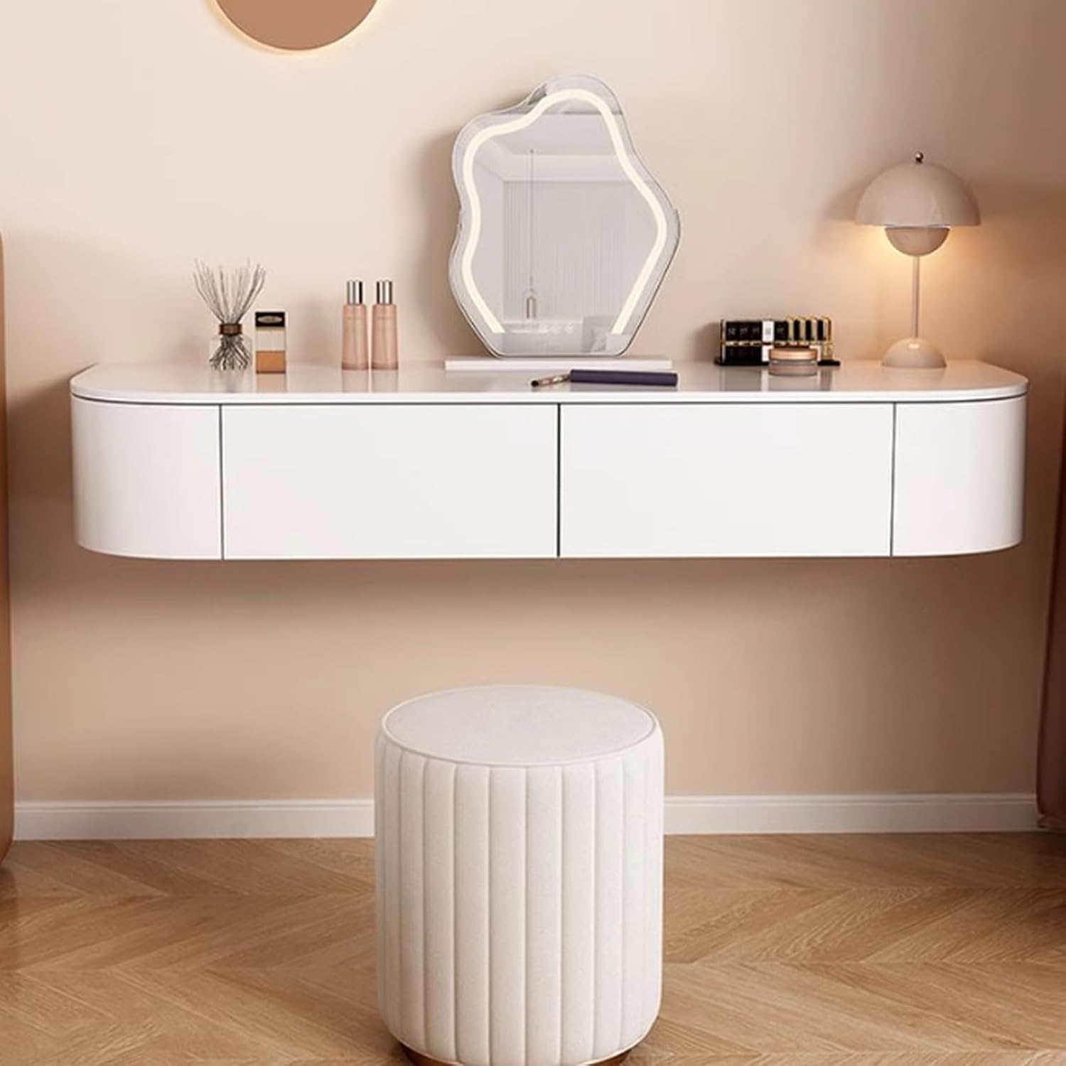 Floating Makeup Vanity for Wall, White Corner Floating Desk Dresser, Wall Mounted Floating Dressing Table with Storage, Small Wood Vanity Desk with Mirror and Lights, Bedside Vanity with Shelf Bedroom