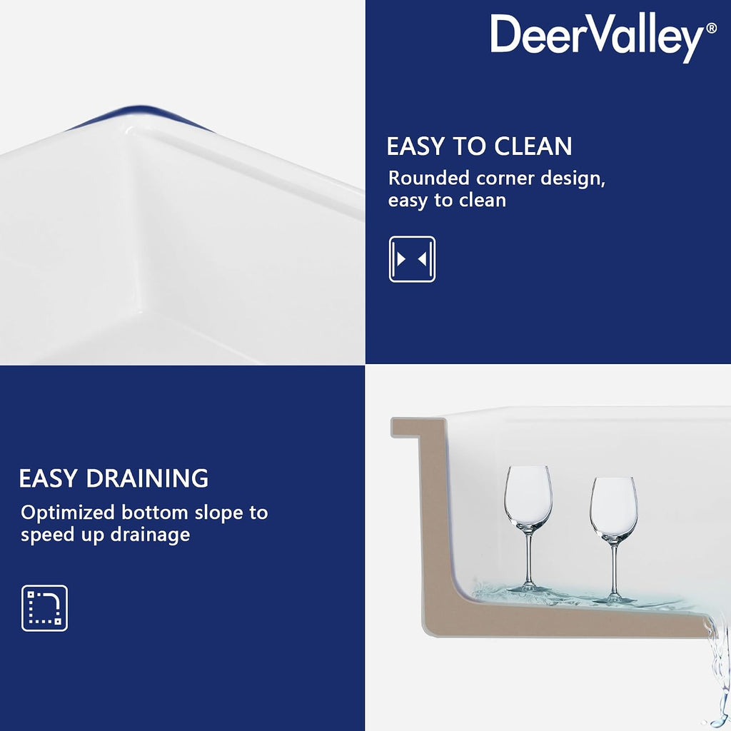 DeerValley Double Bowl Farmhouse Sink 32 Inch, Fireclay Undermount Kitchen Sinks, White Deep Drop-in Modern Sink with Grid & Basket Strainer