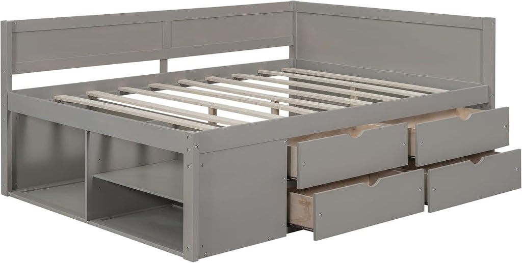 Harper & Bright Designs Full Size Corner Bed Frame with 4 Storage Drawers & Bookshelves,Wood Daybed with L Shape Headboard for Bedroom Living Room Nook,Gray