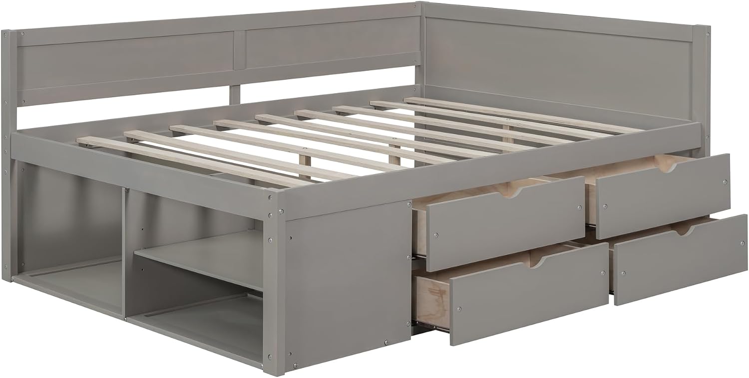 Harper & Bright Designs Full Size Corner Bed Frame with 4 Storage Drawers & Bookshelves,Wood Daybed with L Shape Headboard for Bedroom Living Room Nook,Gray