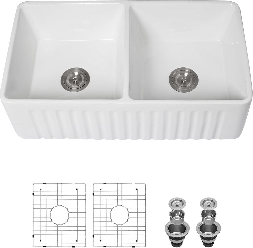 33 Inch White Fireclay Farmhouse Sink 50/50 Double Bowl Apron Front Ceramic Kitchen Sinks Extra Large Country Barn Style Farmer Sink Basin, 33'X18'X10' #YSAC0201