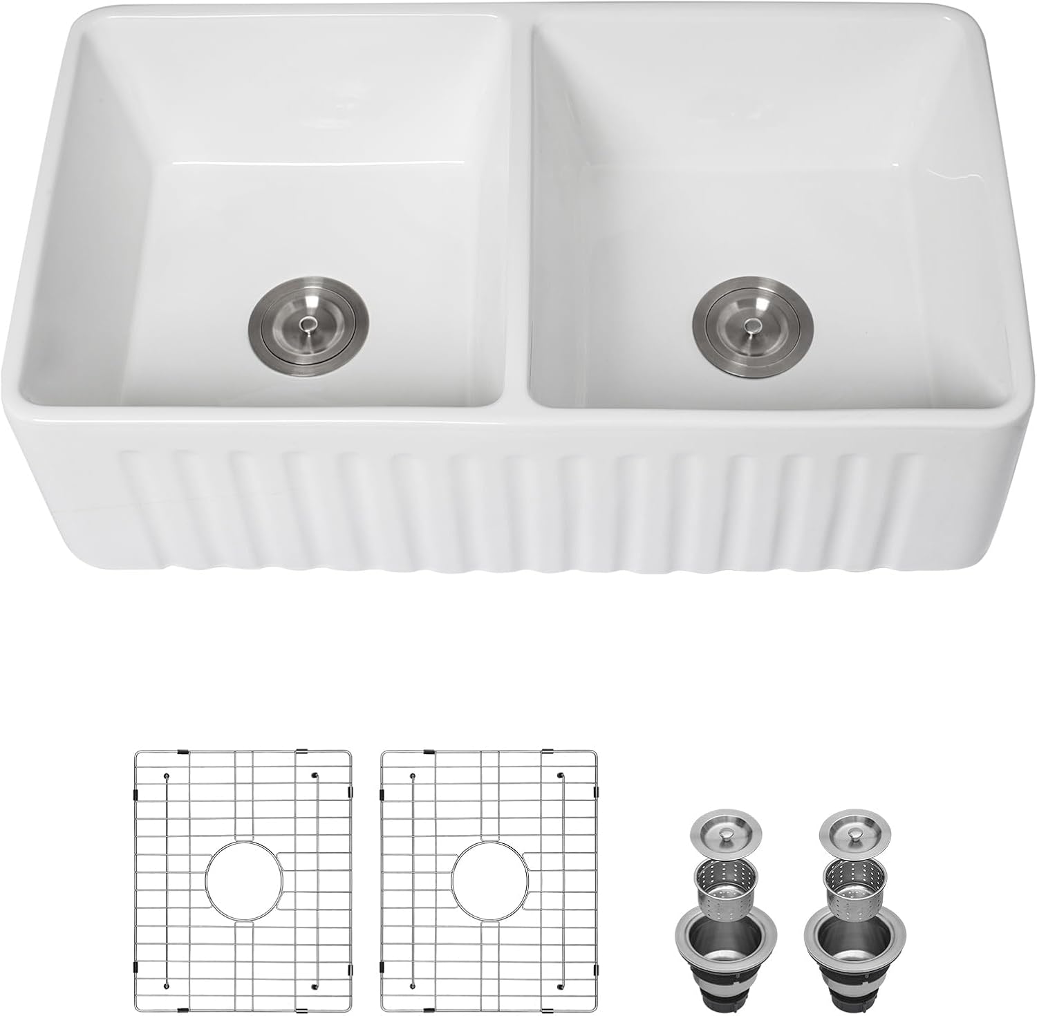 33 Inch White Fireclay Farmhouse Sink 50/50 Double Bowl Apron Front Ceramic Kitchen Sinks Extra Large Country Barn Style Farmer Sink Basin, 33'X18'X10' #YSAC0201