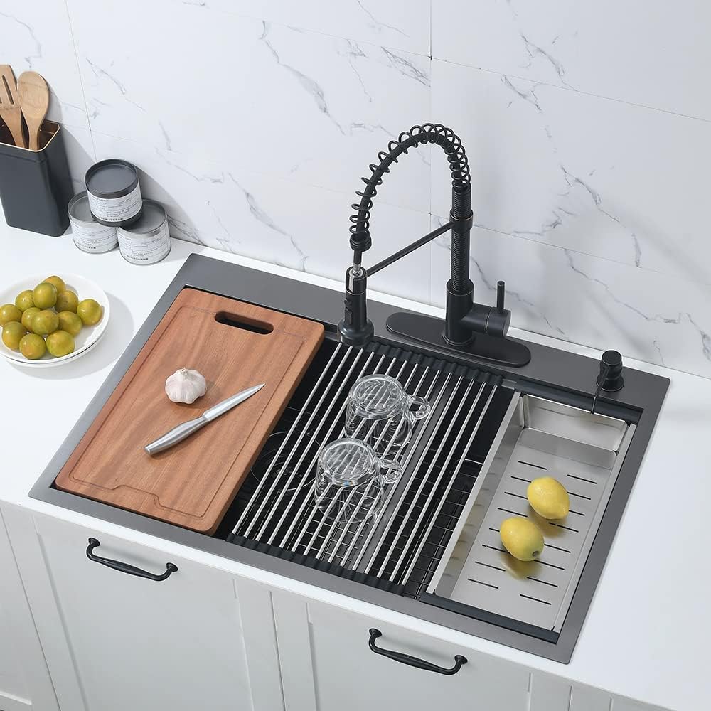 33 Inch Black Drop In Double Bowl Kitchen Sink Workstation-Bokaiya 33x22 Drop In Kitchen Sink Top Mount Workstation Sink 16 Gauge Stainless Steel Low Divide 60/40 Double Sink with Cutting Board