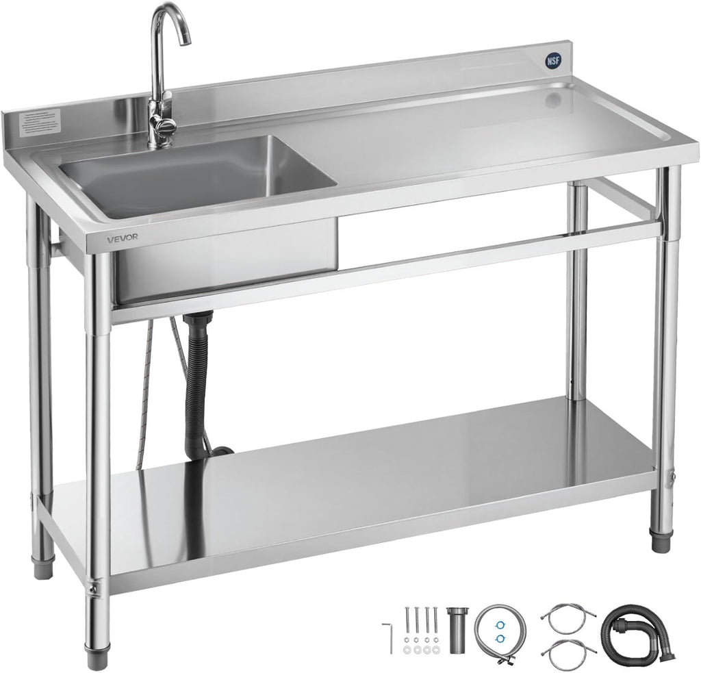 VEVOR Stainless Steel Utility Sink, Free Standing Single Bowl Commercial Kitchen Sink with Faucet, Utility Right Basin Workbench with Hot & Cold Water Pipe for Garage Restaurant Laundry, 47x19.7x37 in