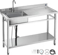 VEVOR Stainless Steel Utility Sink, Free Standing Single Bowl Commercial Kitchen Sink with Faucet, Utility Right Basin Workbench with Hot & Cold Water Pipe for Garage Restaurant Laundry, 47x19.7x37 in