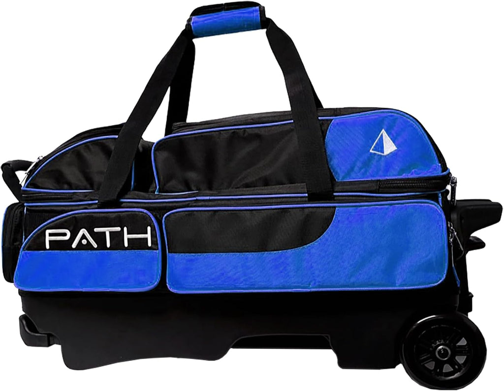 Pyramid Path Triple Premium Deluxe Roller Bowling Bag With Extra Large Separate Shoe Compartment (Up To US Mens Size 16) and 5 Accessory Pockets, 5' Wheels, Retractable Locking Handle - Extends to 42'