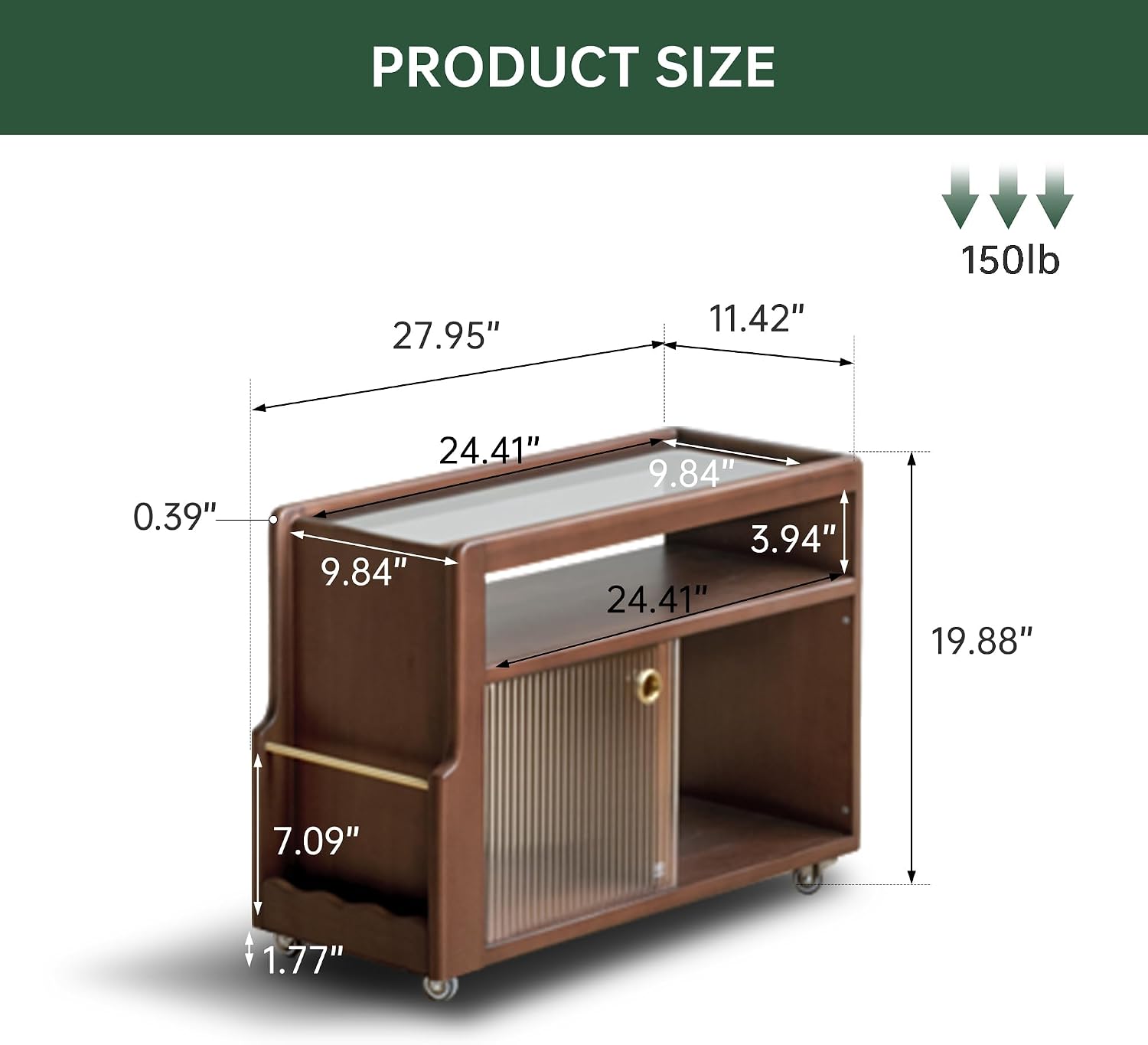 Solid Wood Side Table with Wheels, Narrow Side Table with Storage, Rolling Bedside Table for Bedroom Living Room Dining Room(Walnut, 27.95' D x 11.42' W x 19.88' H)
