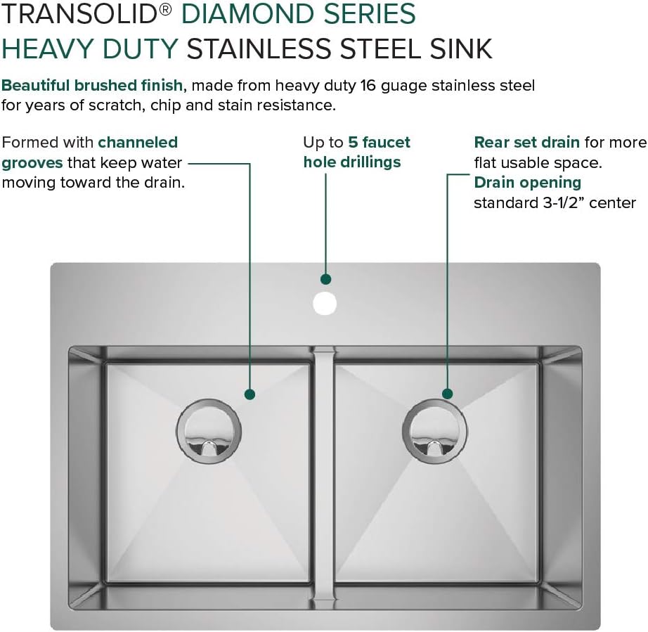 Transolid KKM-DTDE332210-3 Diamond 33-in L x 22-in W Equal Double Bowl Dual-Mount Kitchen Sink and Accessories Kit with 3 Pre-Drilled Holes in Stainless Steel