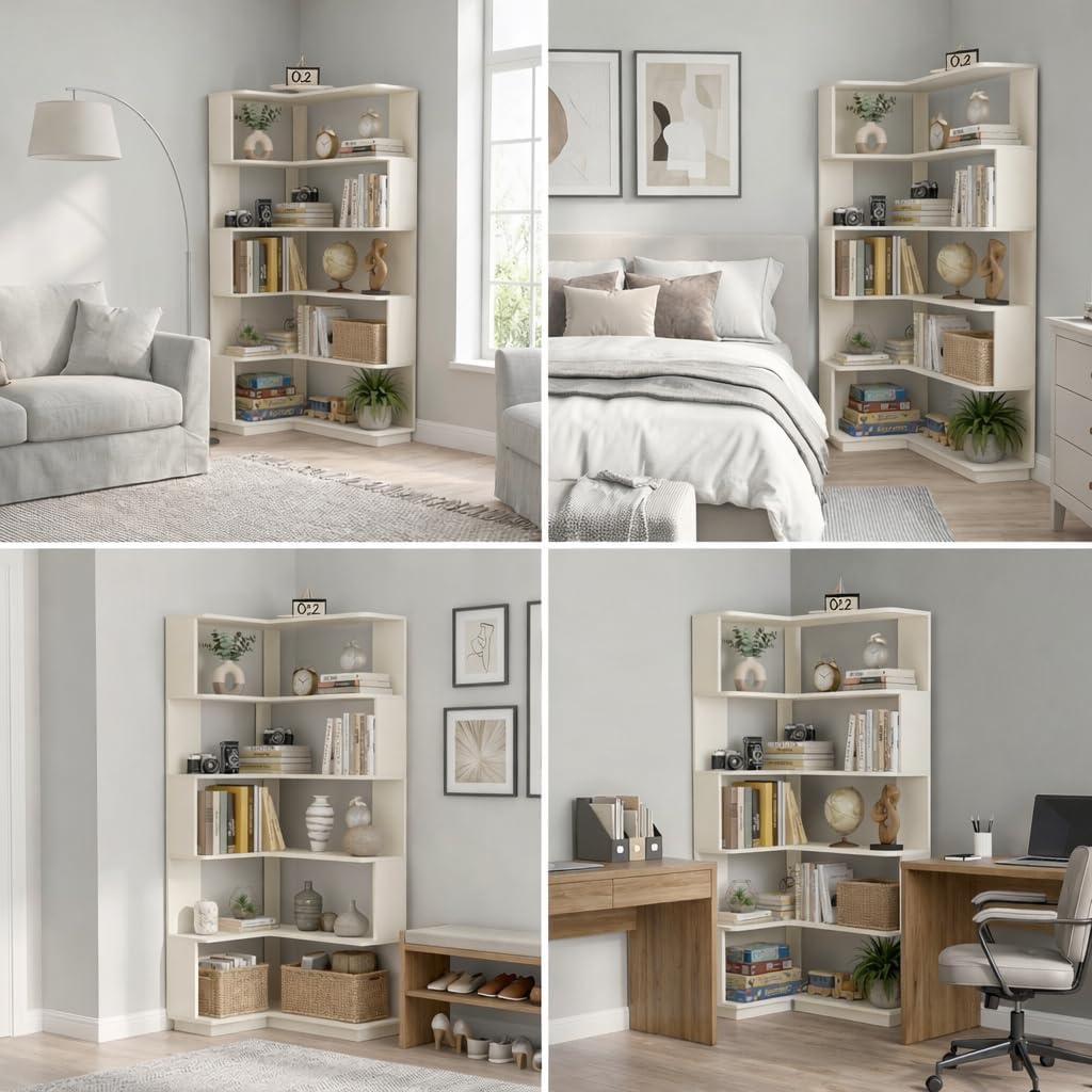 6 Tier Corner Bookshelf, Freestanding L-Shaped Wooden Bookcase with Open Shelves, Anti-Fall Panels and Anti-Tipping Device for Living Room, Home Office (White with Right Extension)