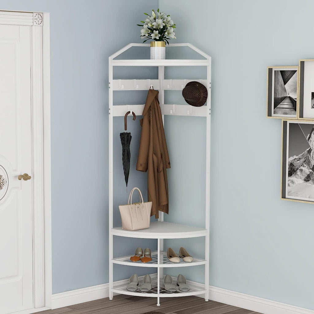 GiftGo Corner Hall Tree with Shoe Bench Entryway Coat Rack with 10 Metal Movable Hooks Freestanding Clothes Rack Shoes Shelf Organizer for Home Office Bedroom (White)