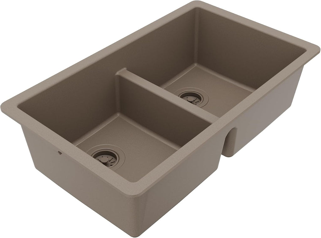Karran 32' Quartz Composite Undermount Double Bowl Kitchen Sink with Low Divider – 50/50 Equal Bowl, 80% Natural Quartz, 535°F Heat Resistant, Sound Dampening, Concrete Color, QU-810