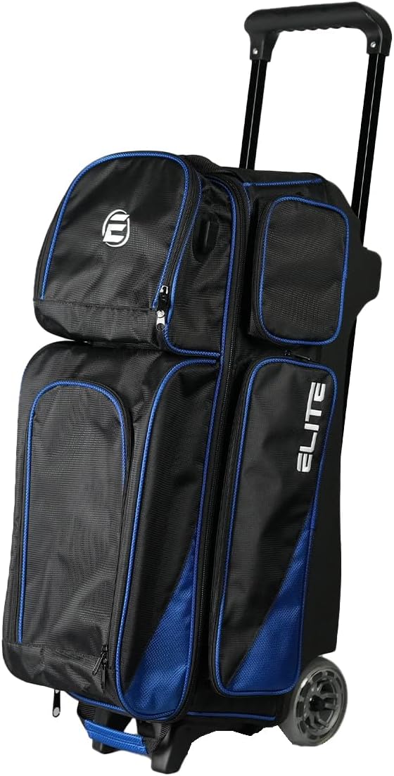 ELITE Deluxe 3 Ball Roller Bowling Bag with 5' Smooth Wheels - 4 Large Accessory Pockets, Shoe Compartment, Extendable Handle - USB Charging Port