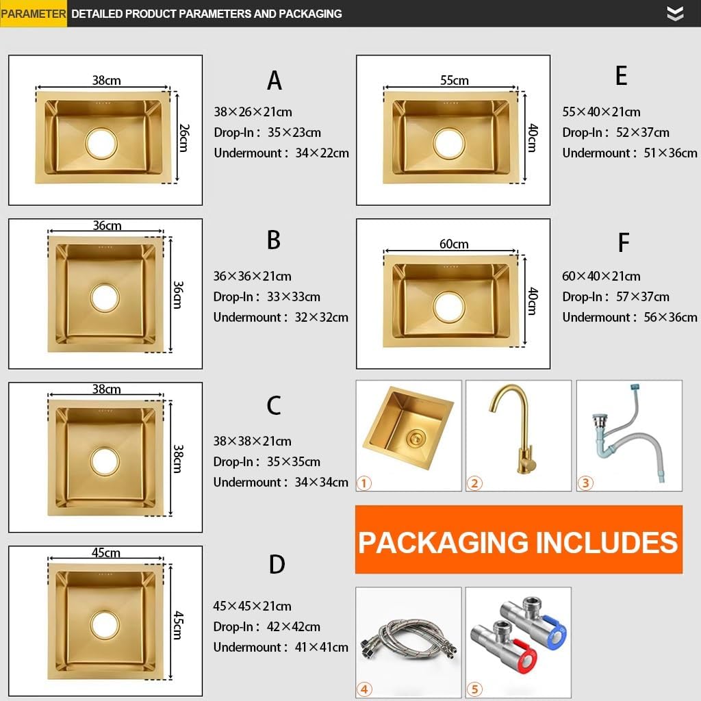 304 Stainless Steel Kitchen Sink Gold Nano Single Bowl Bar Sink Multi-Functional Household RV Sink with Large Bend Faucet & Drainage Component (Color : Gold, Size : 45x45x21cm) (Gold 36x36x21cm)