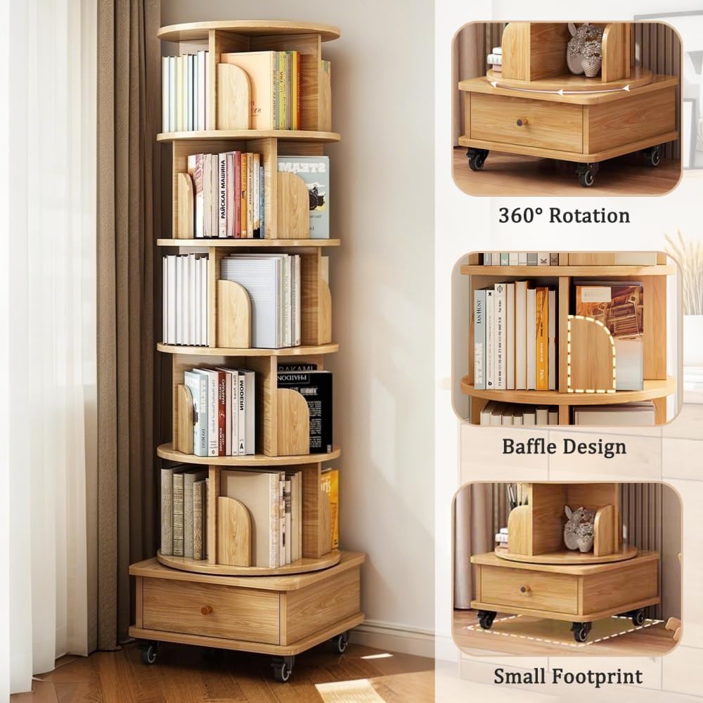 360° 6 Tier Rotating Bookshelf with Drawer and Wheels, Tall Bookcase for Small Spaces, Corner Shelf for Bedroom, Living Room, Office, Wood Bookshelf, Natural