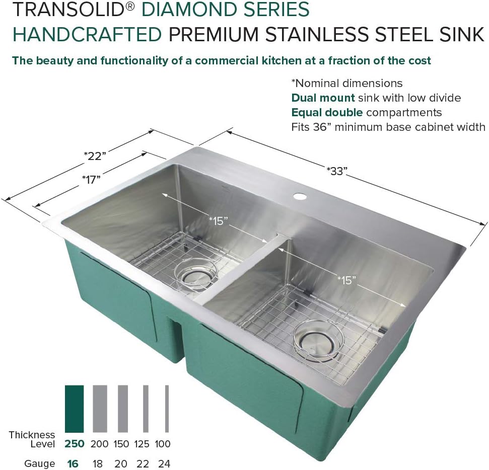 Transolid KKM-DTDE332210-3 Diamond 33-in L x 22-in W Equal Double Bowl Dual-Mount Kitchen Sink and Accessories Kit with 3 Pre-Drilled Holes in Stainless Steel