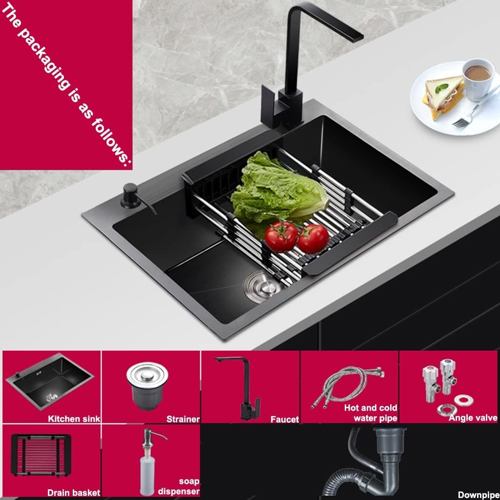 Single Bowl Bar Counter Preparation Kitchen Sink Stainless Steel Metal Sink with Square Faucet and Drain Assembly Top Mount Or Undermount (Black 55x40x21cm)