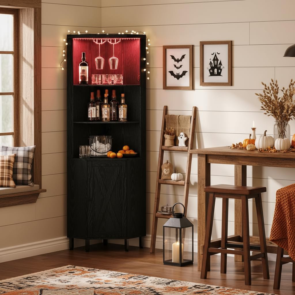YITAHOME Corner Bar Cabinet with LED Lights & Glass Holder, 5 Tier Corner Shelf with Storage, Wine Rack Cabinet Display Shelves for Living Room, Dining Room, Kitchen, Black