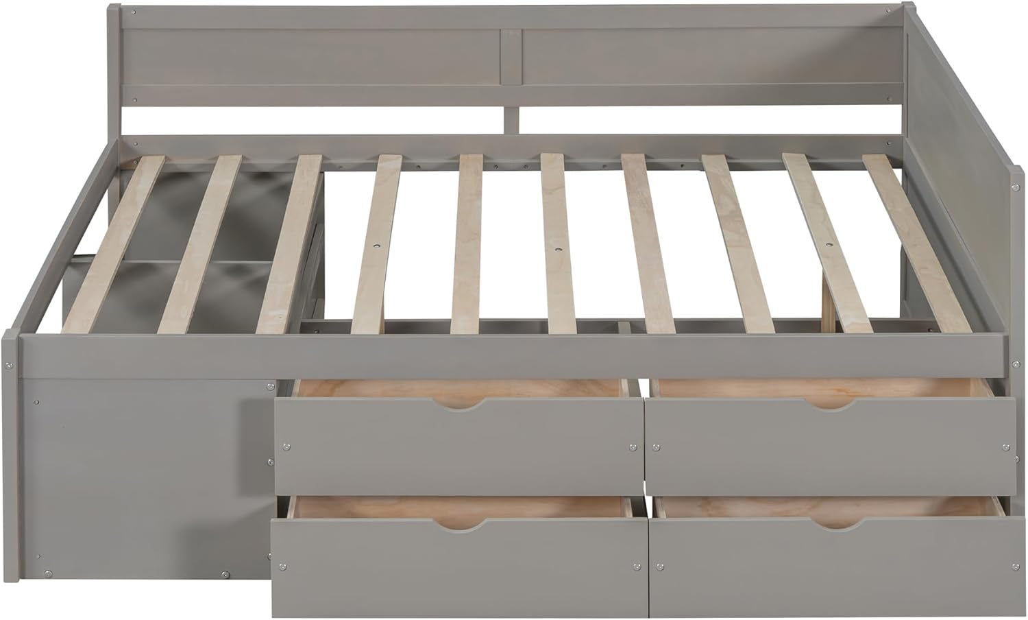 Harper & Bright Designs Full Size Corner Bed Frame with 4 Storage Drawers & Bookshelves,Wood Daybed with L Shape Headboard for Bedroom Living Room Nook,Gray