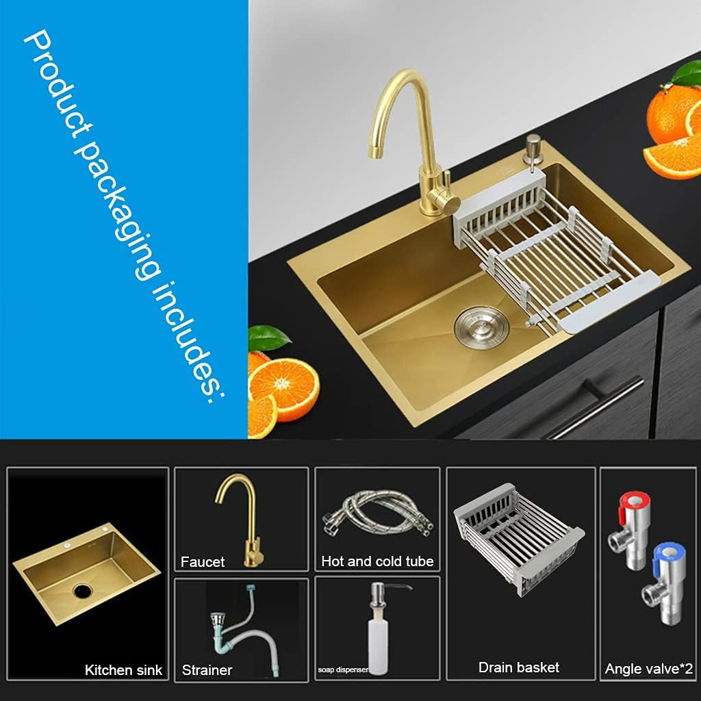 Kitchen Sink Brushed Gold Single Bowl Decoration Drop-in Or Undermount with Curved Faucet and Installation Kit (Color : Gold, Size : 68×45×21cm) (Gold 60×45×21cm)