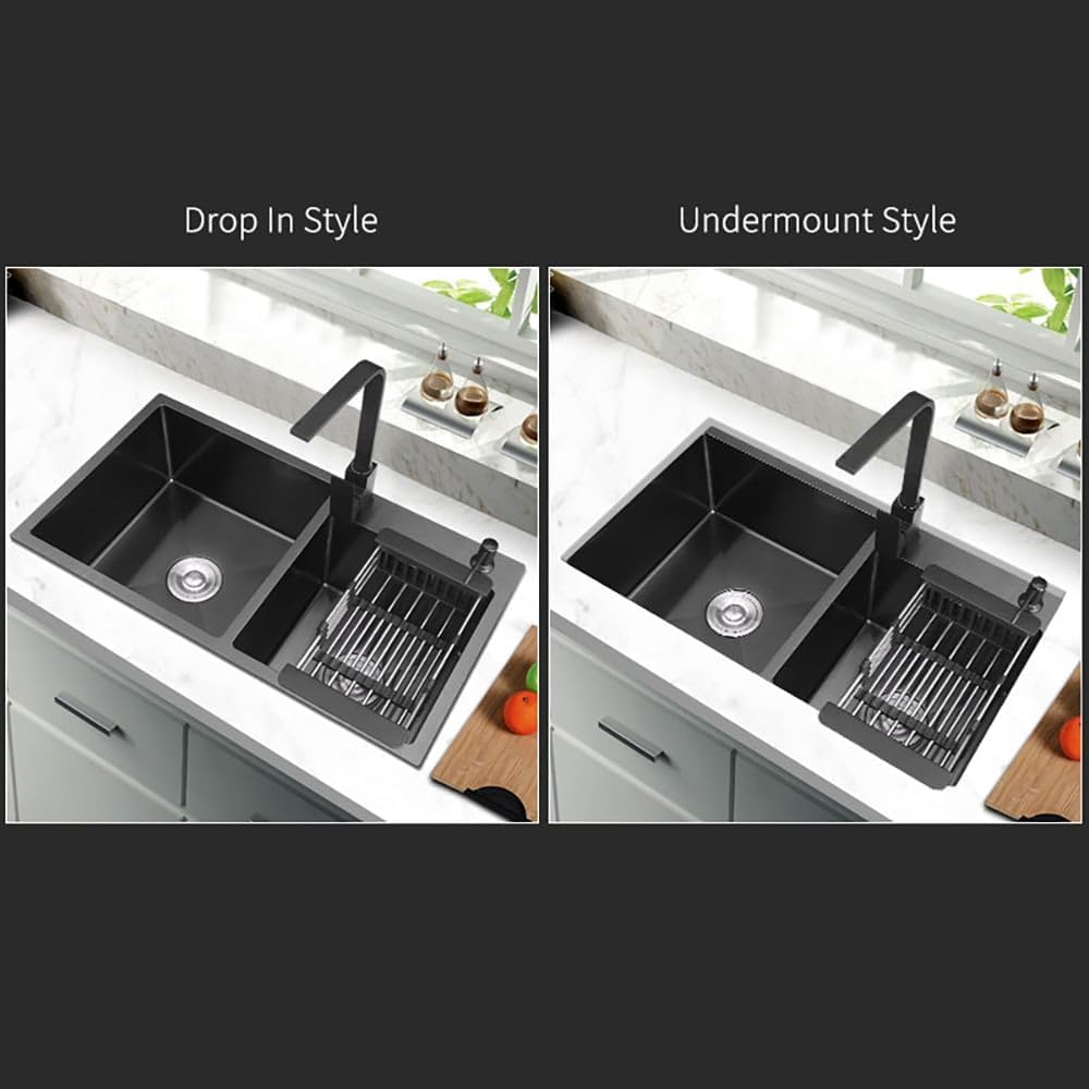 KunMai 32' Black Double Bowl Kitchen Sink Stainless Steel Bar Sink Drop-In Kitchen Sink with Drain and Overflow