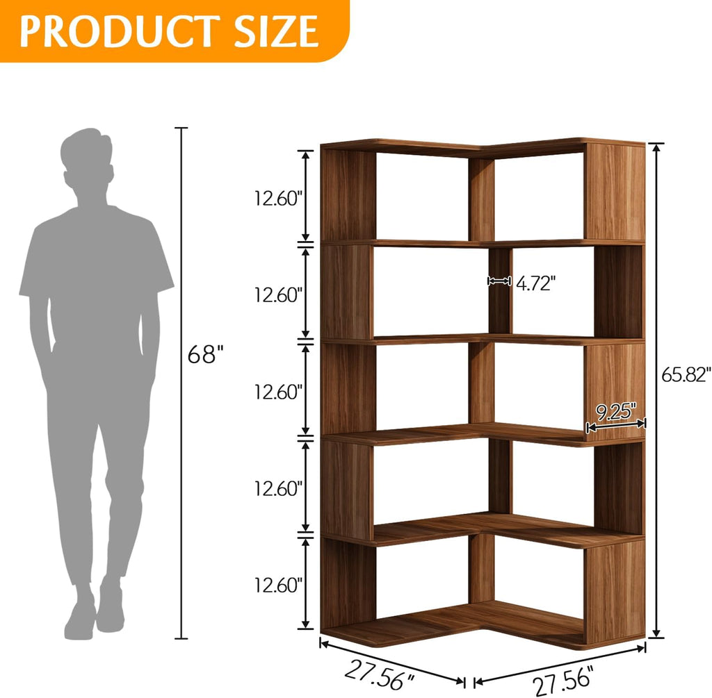 IOTXY 6-Tier L-Shaped Corner Bookshelf - 66' Tall Wooden Freestanding Bookcase with Open Shelf Units, Walnut