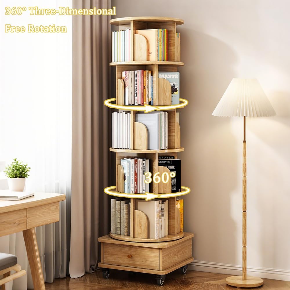 360° 6 Tier Rotating Bookshelf with Drawer and Wheels, Tall Bookcase for Small Spaces, Corner Shelf for Bedroom, Living Room, Office, Wood Bookshelf, Natural