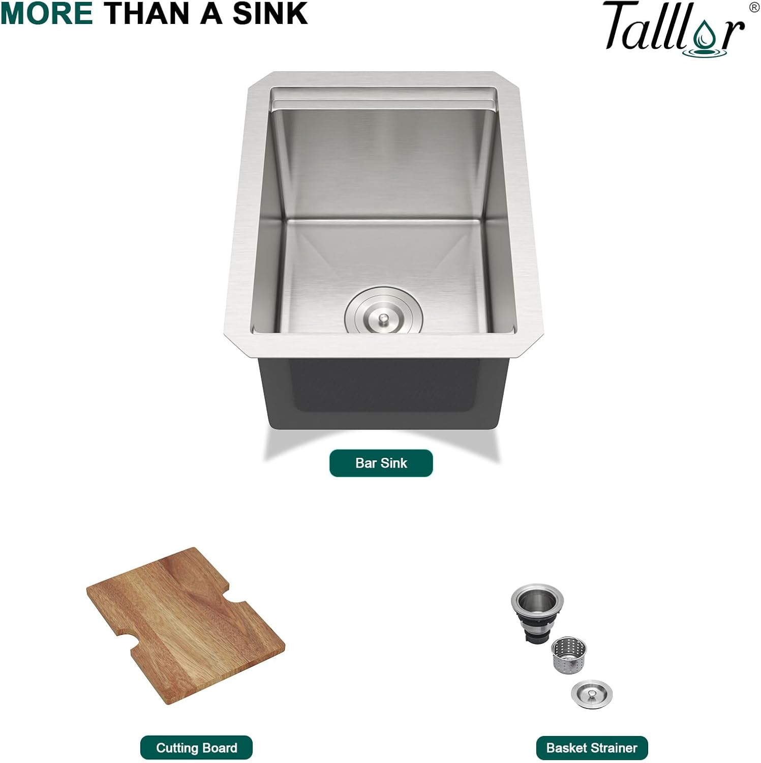 12' Undermount Bar Sink, 16 Gauge Stainless Steel Workstation Prep Sink with Cutting Board & Drain Strainer, Small Single Bowl Wet Bar Sinks for RV, Kitchen Island, Brushed Nickel #TLU-0018