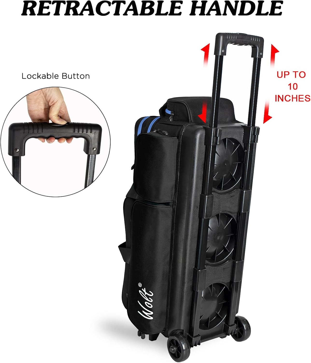 WOLT 3 Ball Bowling Bags with Wheels,Bowling Ball Bag 3 Ball Roller with Separate Shoe Compartment and Accessory Pocket, Retractable Handle Extends to 38''