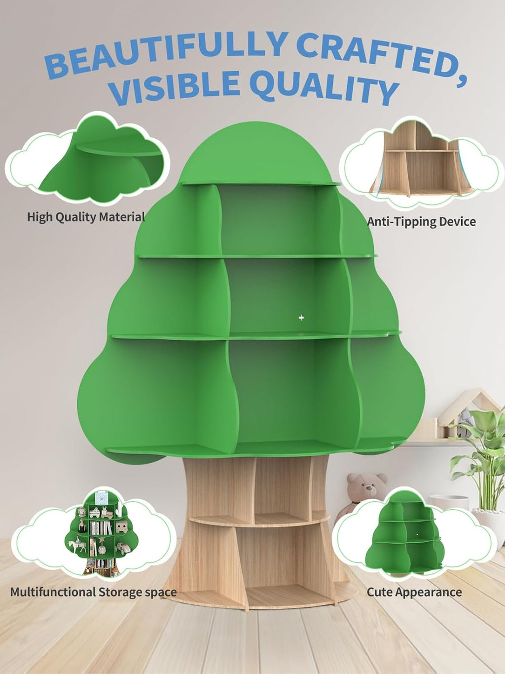 Bear Qiaqia Tree Kids Bookshelf, Toddler Wood Bookcase, 16-Cubby Children Toy Storage Organizer Book Shelf for Kids Rooms, Nursery, Bedroom, Living Room, Classroom, Boy Girl's Gift (Green Tree)