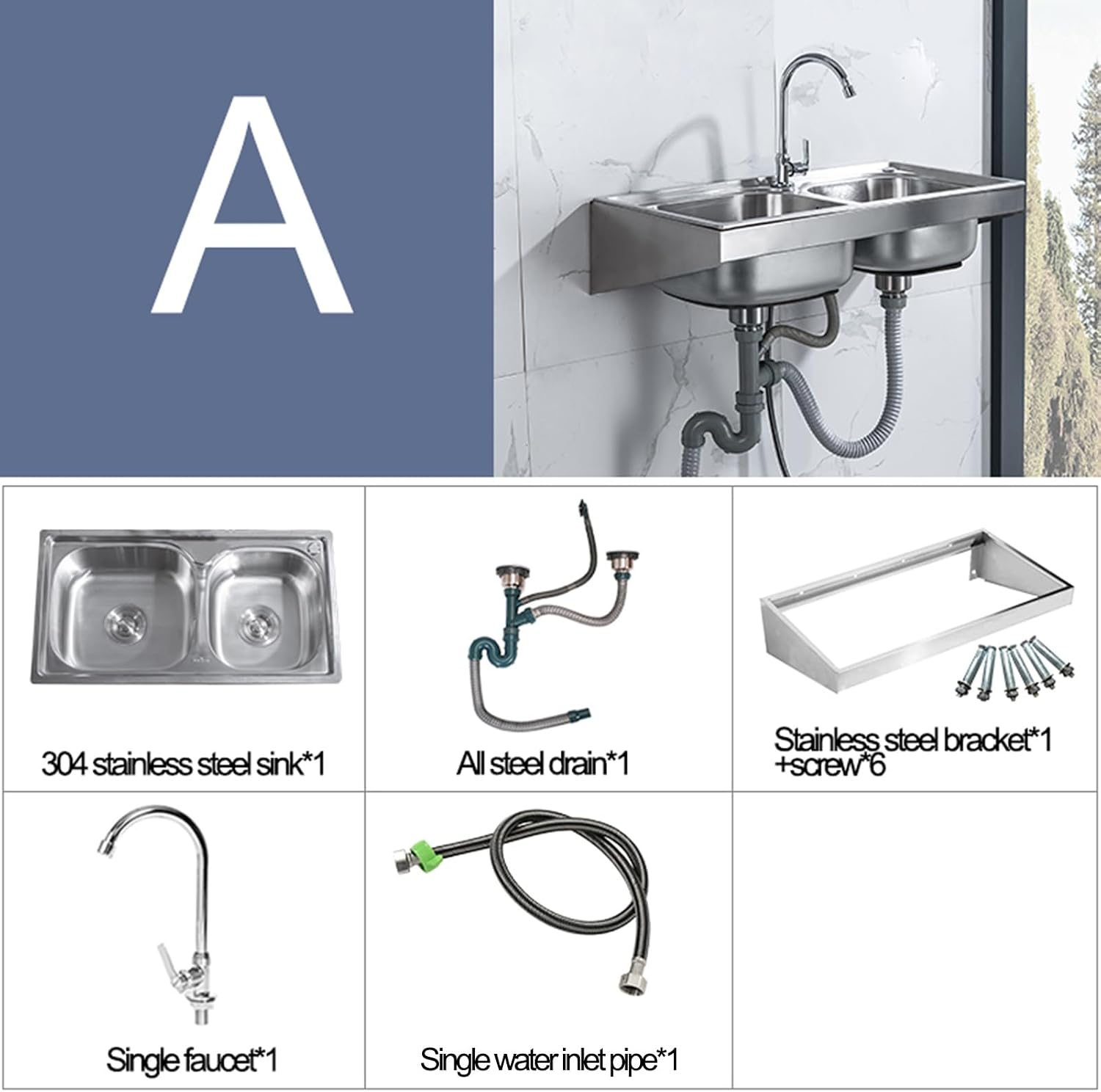 Wall-Mounted Kitchen Sink, Stainless Steel Utility Sink with Faucet, Double Bowl Sink for Washing Dishes, Easy to Clean, Saves Space (Color : Silver, Size : B(75x40x6cm)) (Silver A(75x40x6cm))