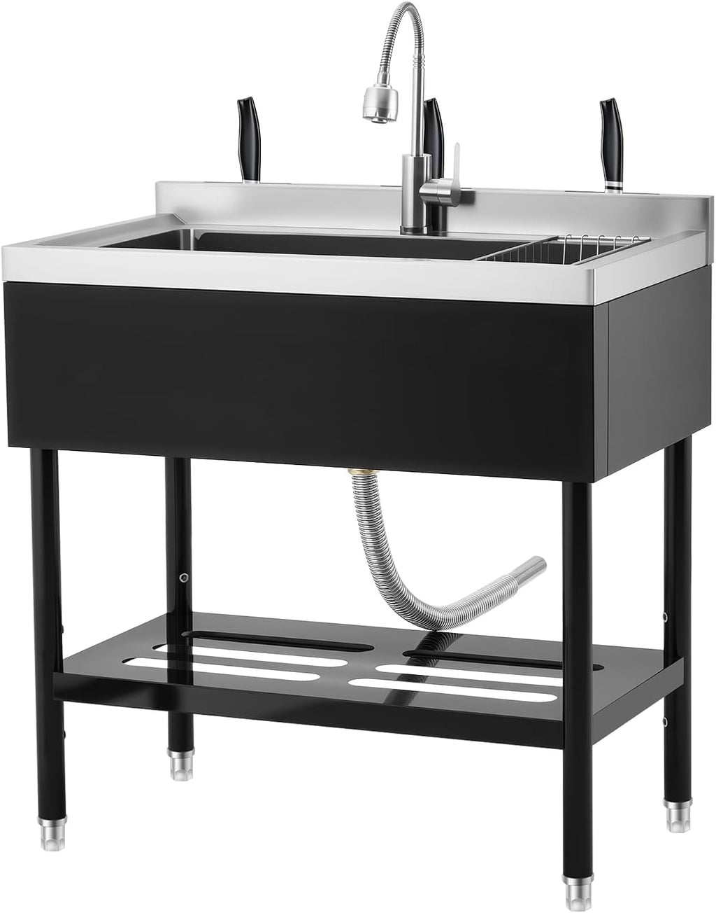 Garvee 36' Black Stainless Steel Utility Sink with Faucet, Adjustable Height Freestanding Commercial Sink with Hot & Cold Water, Shelf, Basket & Drain Kit for Kitchen, Garage, Laundry, or Outdoor Use