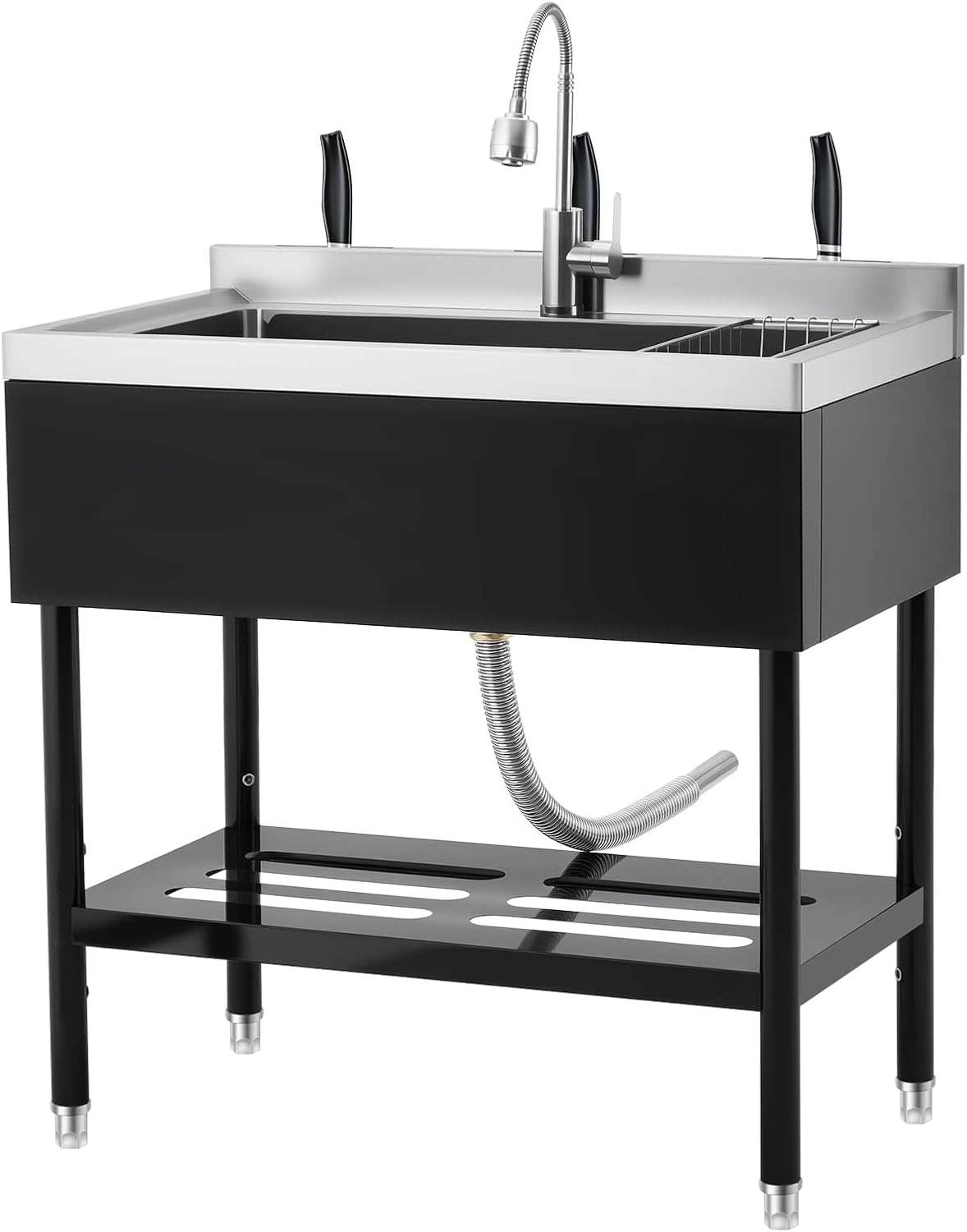 Garvee 36' Black Stainless Steel Utility Sink with Faucet, Adjustable Height Freestanding Commercial Sink with Hot & Cold Water, Shelf, Basket & Drain Kit for Kitchen, Garage, Laundry, or Outdoor Use