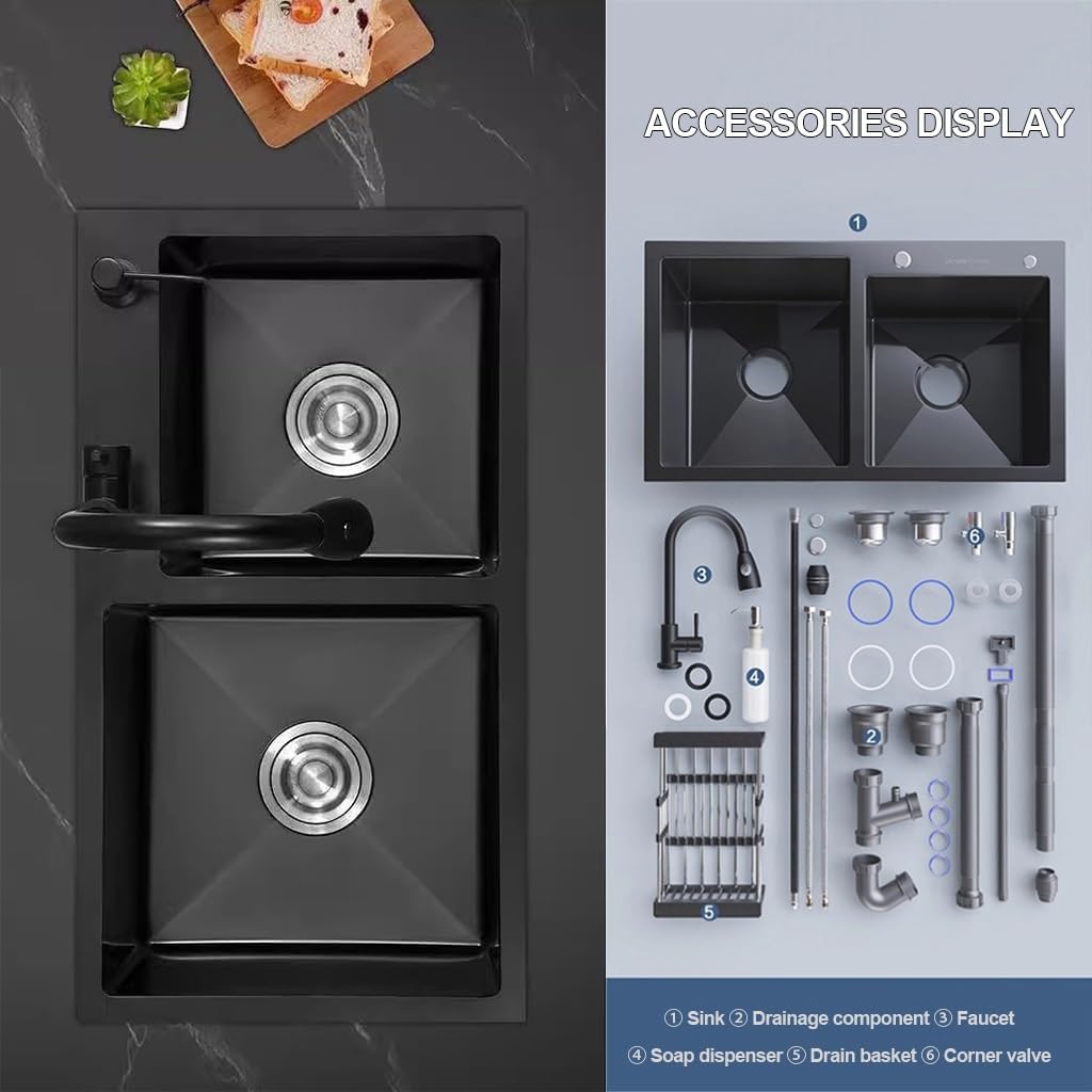 Black Double Bowl Kitchen Sink Stainless Steel Bar Sink Drop-in Workstation Sink with Pull-Out Faucet and Complete Accessory Set (Color : Black, Size : 75x41x21cm) (Black 72x40x21cm)