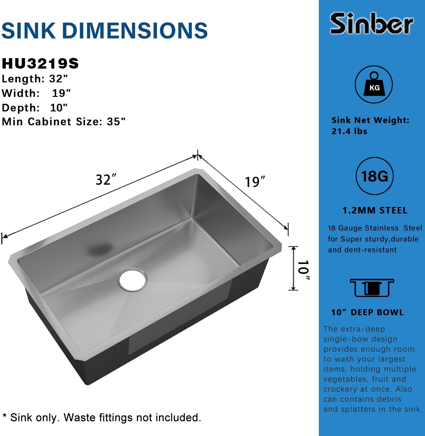 Sinber HU3219S-S 32' x 19' x 10' Undermount Single Bowl Kitchen Sink with 18 Gauge 304 Stainless Steel Satin Finish HU3219S-S (Sink Only)