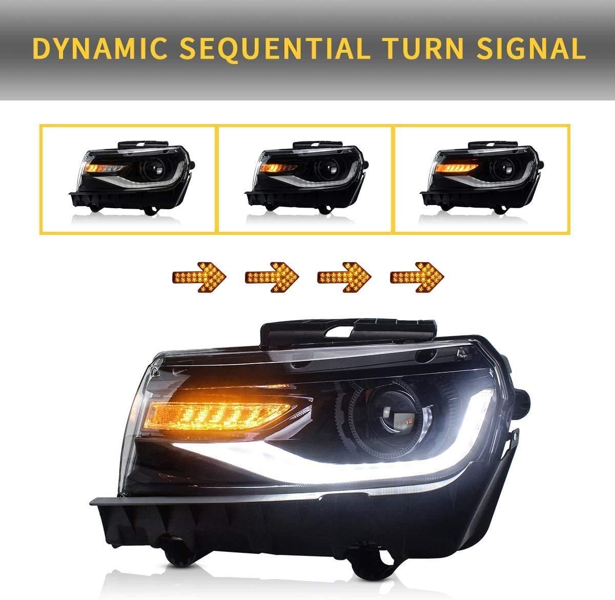 VLAND Projector LED Headlights & D2H Xenon Bulbs Compatible for [Chevy Camaro 5th Gen 2014 2015] with Sequential Turn Signal, Dual Beam Lens, Full LED DRL Bars YAA-CMR-0285 (Driver & Passenger Sides)