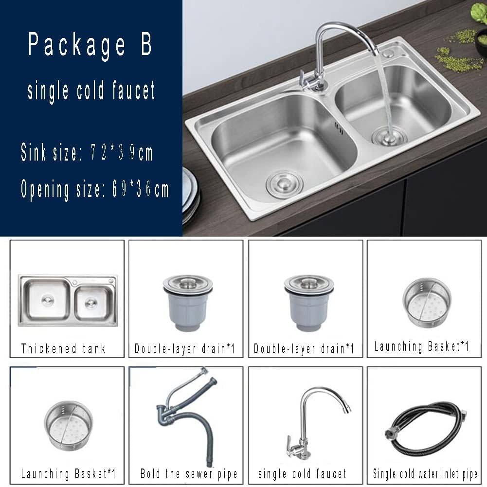 Double Bowl 304 Stainless Steel Kitchen Sink, Handmade Bar Prep Sink with Strainer, Top-Mount/Drop-in Workstation Sink (Color : Silver-A, Size : 75x40cm) (SilverB 72x39cm)