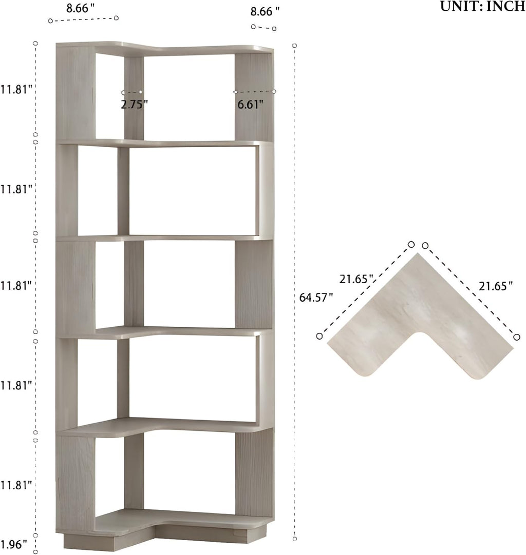 5 Tier Corner Bookshelf, Freestanding L-Shaped Wooden Bookcase with Open Shelves, Anti-Fall Panels and Anti-Tipping Device for Living Room, Bedroom, Home Office (Light Gray)
