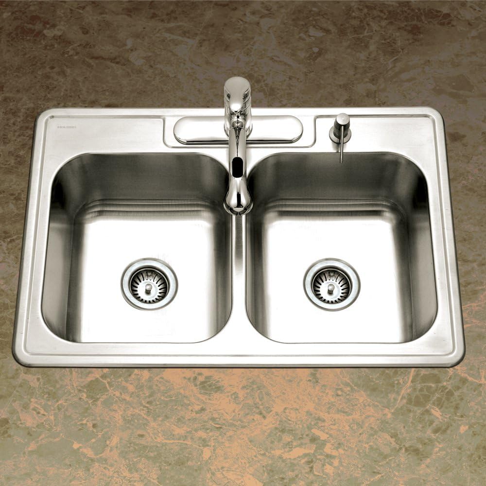 Houzer Glowtone Stainless Steel Kitchen Sink: 33 Inch Drop-in Topmount 4-Hole 50/50 Double Bowl, Durable & Versatile, Essential for Home & Apartment: 3322-8BS4-1