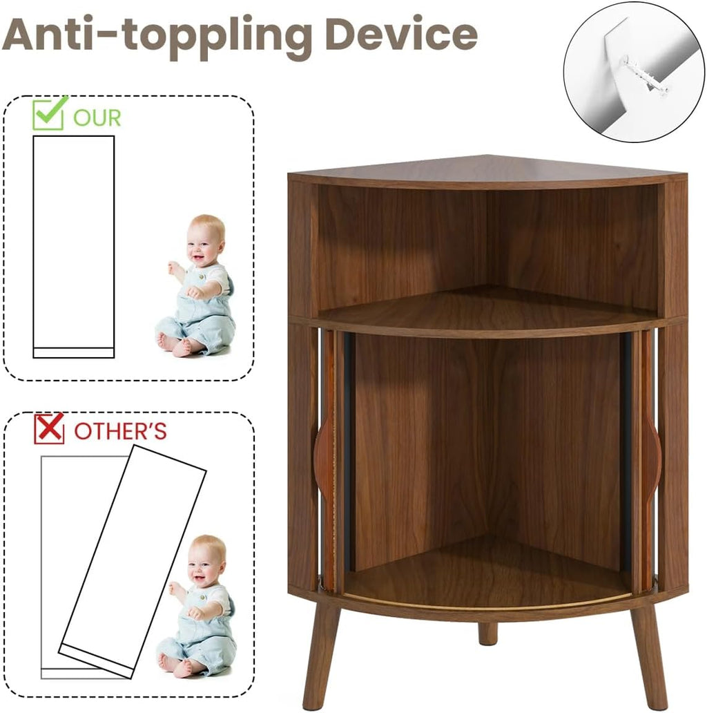 Bathroom Corner Storage Cabinet, 31.5''H Small Floor Corner Cabinet with 2 Fluted Doors and Shelves, Freestanding Narrow Cabinets Organizer for Living Room, Kitchen (Walnut, 31.5''H)