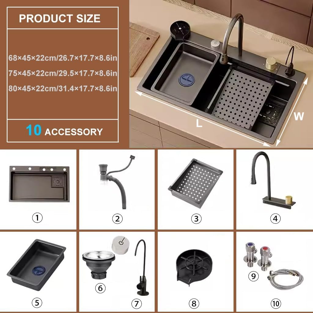 Waterfall Sink Stainless Steel Single-Bowl Kitchen Workstation Sink Waterfall Pull-Down Faucet and Complete Accessory Set Dual-Mount (Color : A, Size : 80x45x22cm) (A 68x45x22cm)