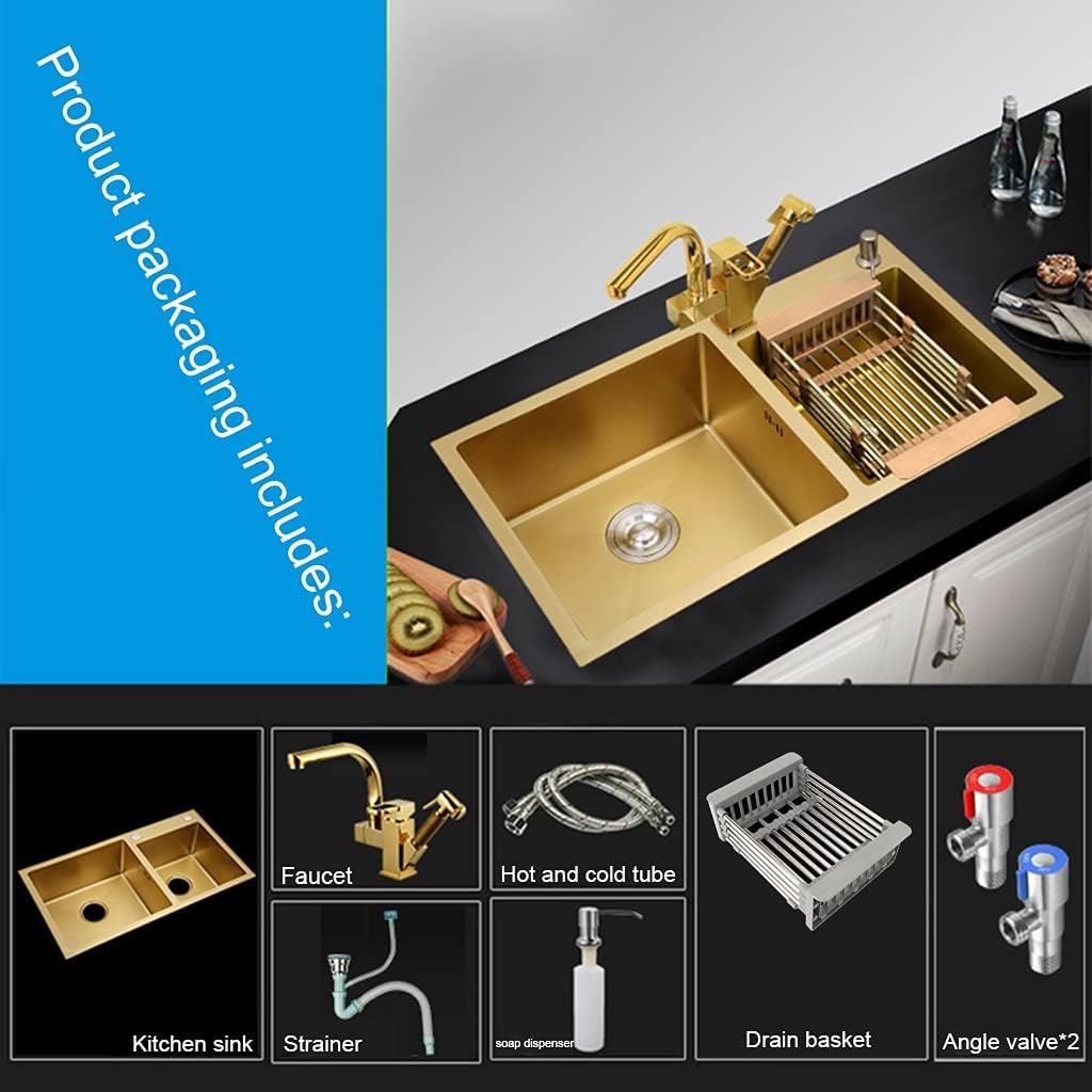 KITCHEN SINK Brushed Gold Double Bowls with Multi-functional Pull-Out Faucet and Drain Pipe Suitable for Kitchen Courtyard Office Bar Laundry Trough (Color : Gold, Size : 82×45×22cm) (Gold 82×45×2