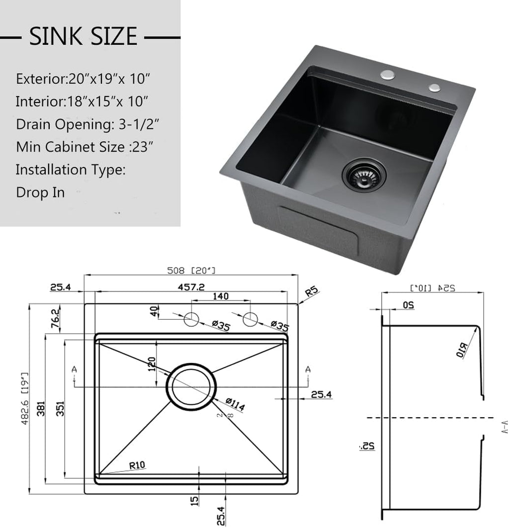 20 inch Black Drop Bar Sink - VOKIM 20'x 19' Inch Drop-in sink Workstation 16 Gauge Single Bowl Kitchen Sink With Cutting Board& colander