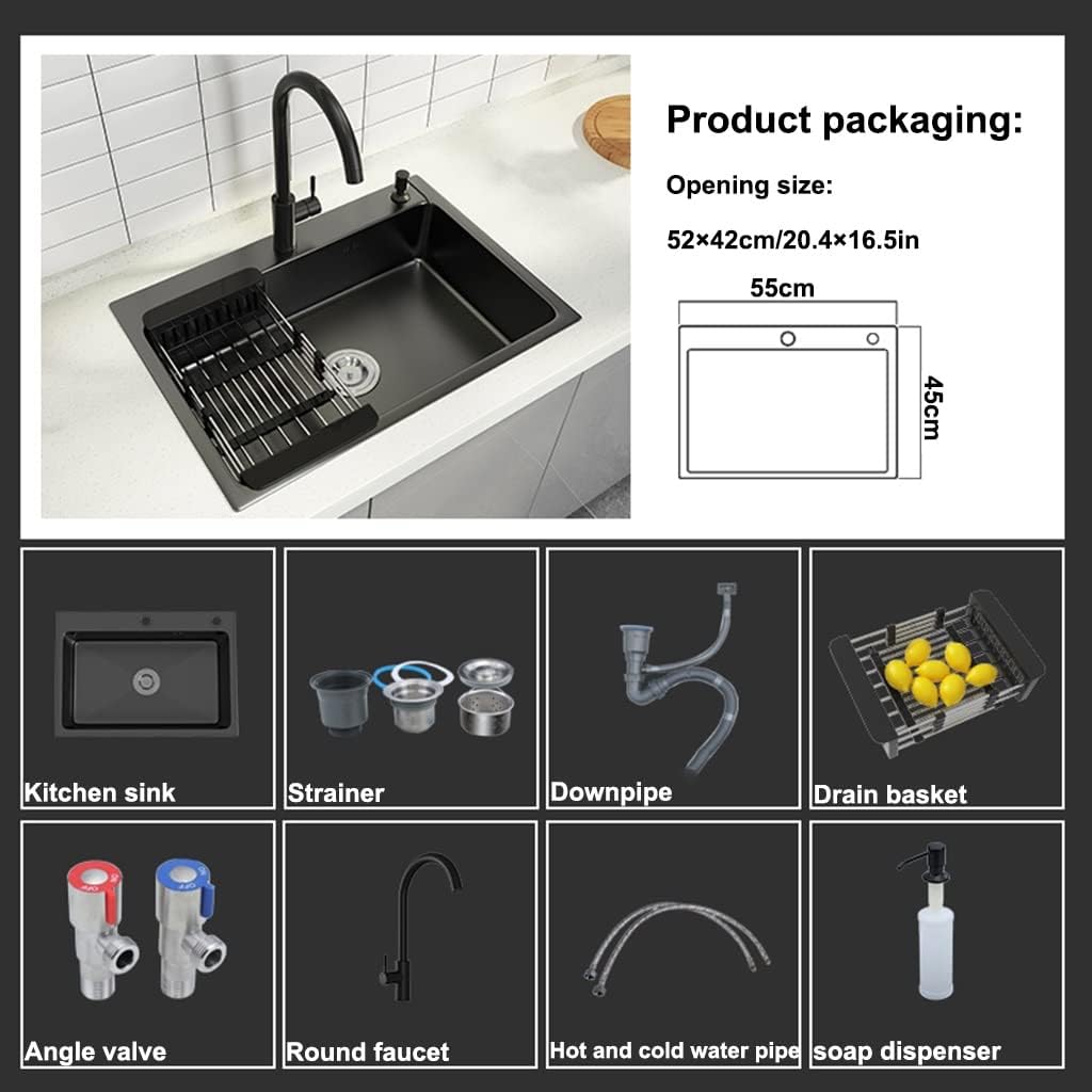 Kitchen Sink Single Bowl Bar Prep Stainless Steel with Faucet & Drain Black RV Sink Drop in Or Undermount (Color : Black, Size : 60x45x22cm) (Black 55x45x22cm)