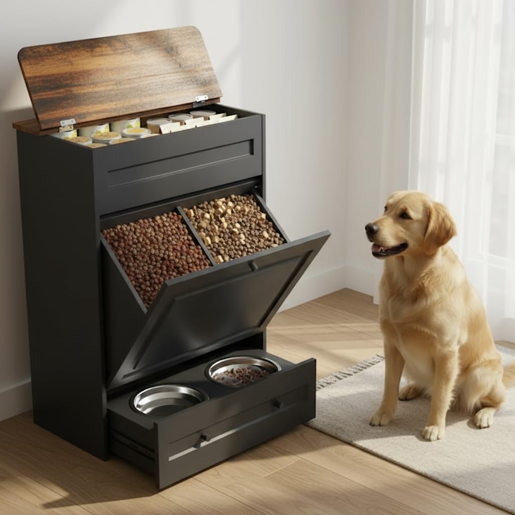 Elevated Dog Feeding Station with Storage Cabinet, 5.3' Pull-Out Hidden Bowls, Dog Food Organizer for Medium Large Dogs with Slow Feeder, Stainless Steel Bowls & Side Hooks (Black)