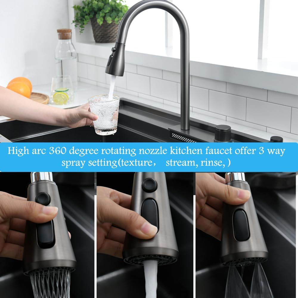 33 Inch Black Drop In Waterfall Kitchen Sink Workstation -Bokaiya 33x19 Black Stainless Steel Sink with Faucet Combo 16 Gauge 10' Deep Top Mount Single Bowl Modern Kitchen Sink