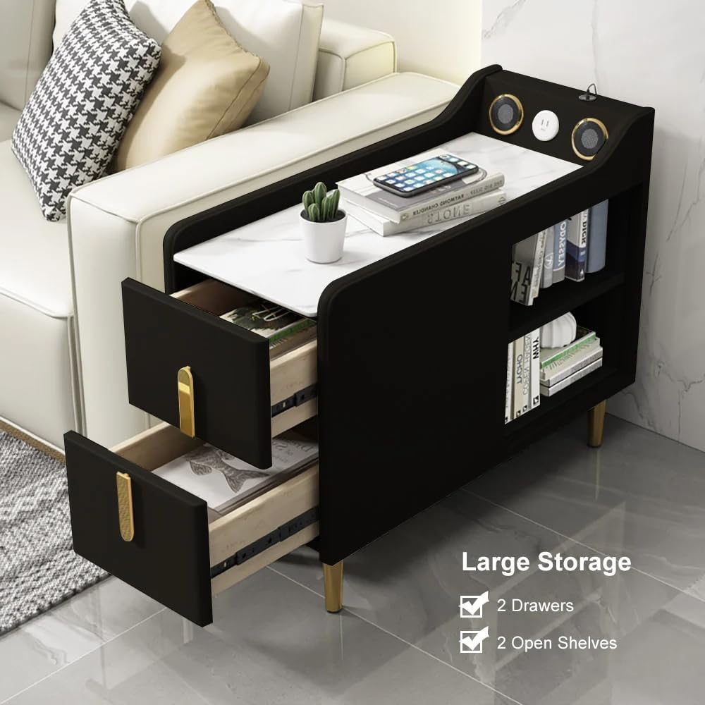 LOVEDIMA Narrow Bedside Table, Slim End Tables with Built-in Outlets, Sintered Stone Top End Table with Speaker & USB Port, Skinny Table for Small Spaces Living Room, Bedroom