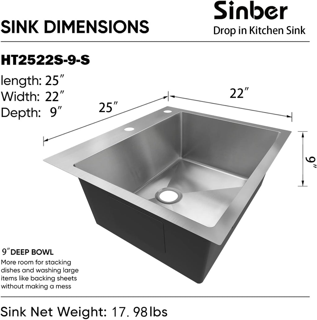 Sinber HT2522S-9-S 25' x 22' x 9' Drop In Single Bowl Kitchen Sink with 18 Gauge 304 Stainless Steel Satin Finish (Sink Only)