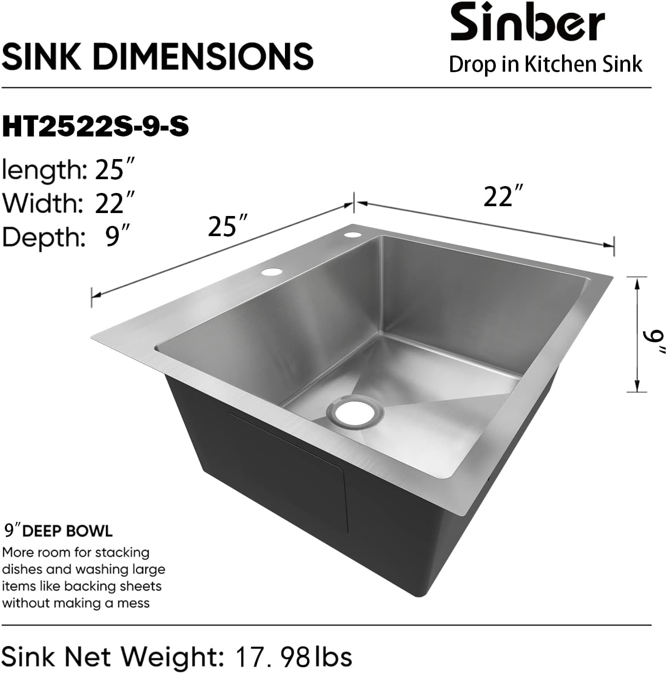 Sinber HT2522S-9-S 25' x 22' x 9' Drop In Single Bowl Kitchen Sink with 18 Gauge 304 Stainless Steel Satin Finish (Sink Only)