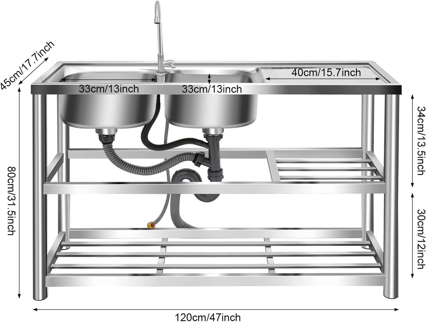 47' Commercial Stainless Steel Kitchen Sink, 2-Bowl Triple Layer with Single Faucet, Commercial Restaurant Kitchen Sink for Restaurant, Food Truck & Home Kitchen